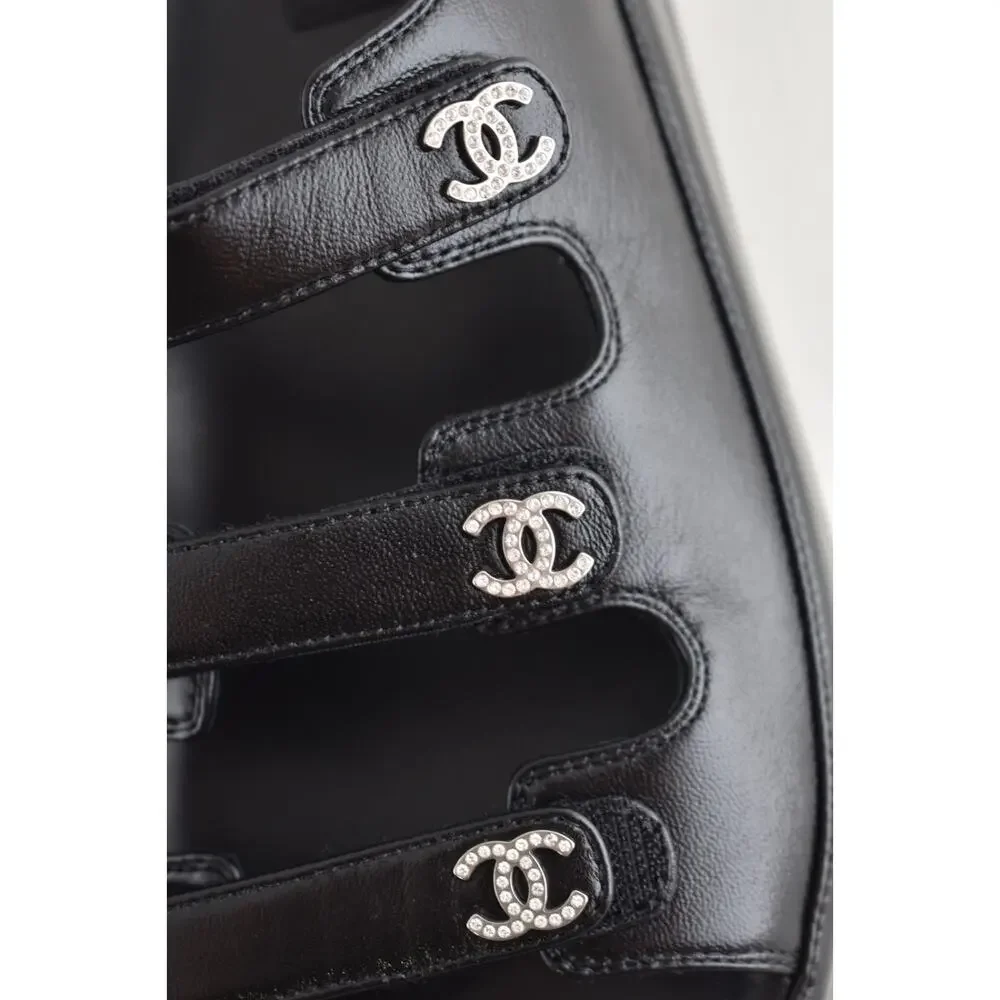 Chanel 24S Black Leather Triple Strap CC Logo Mule Slide Teva Dad Sandal Flat 41